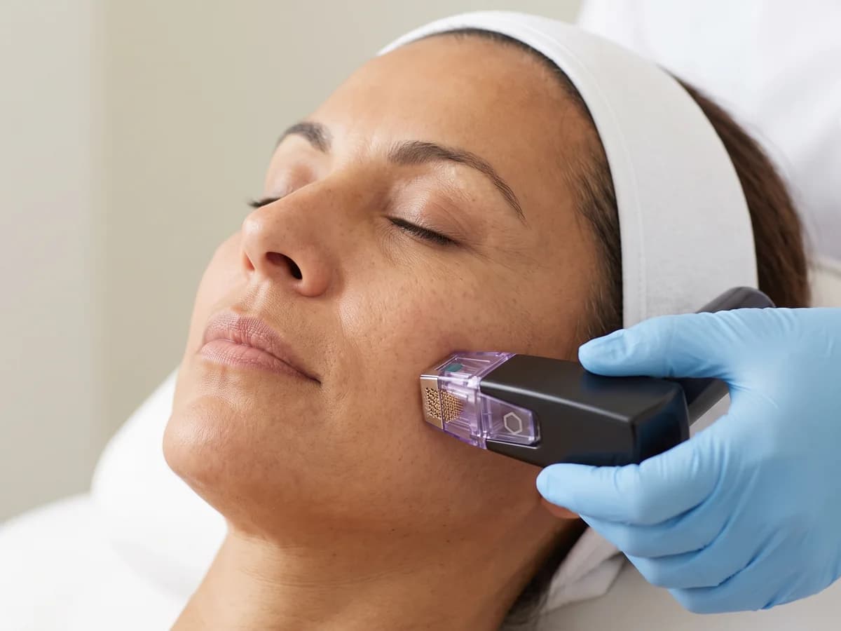 An RF microneedling handpiece being applied along a client’s jawline