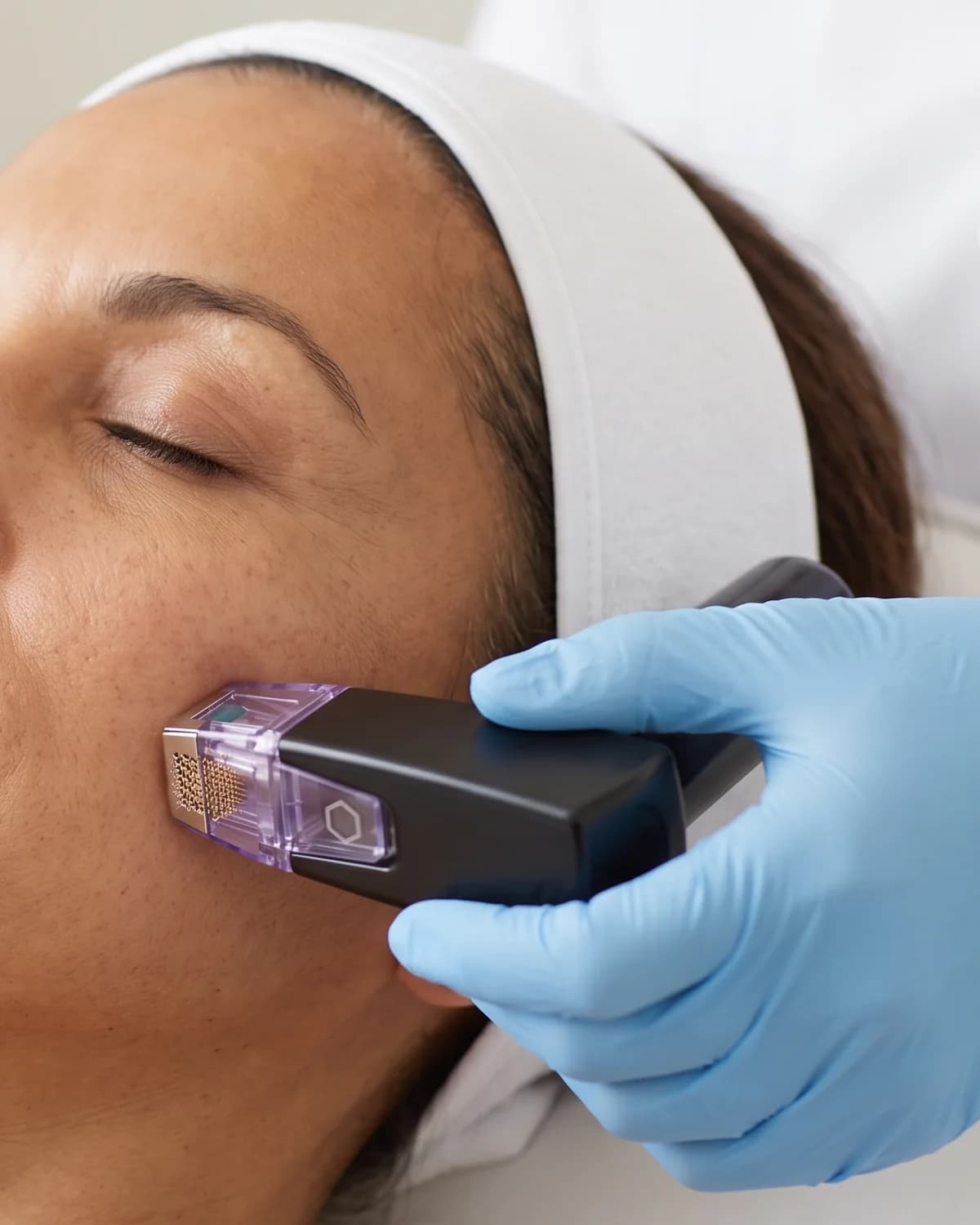 An RF microneedling handpiece being applied along a client’s jawline