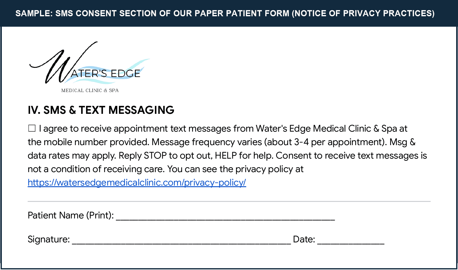 Water’s Edge Medical Clinic & Spa paper consent form with the SMS appointment reminder opt-in checkbox
