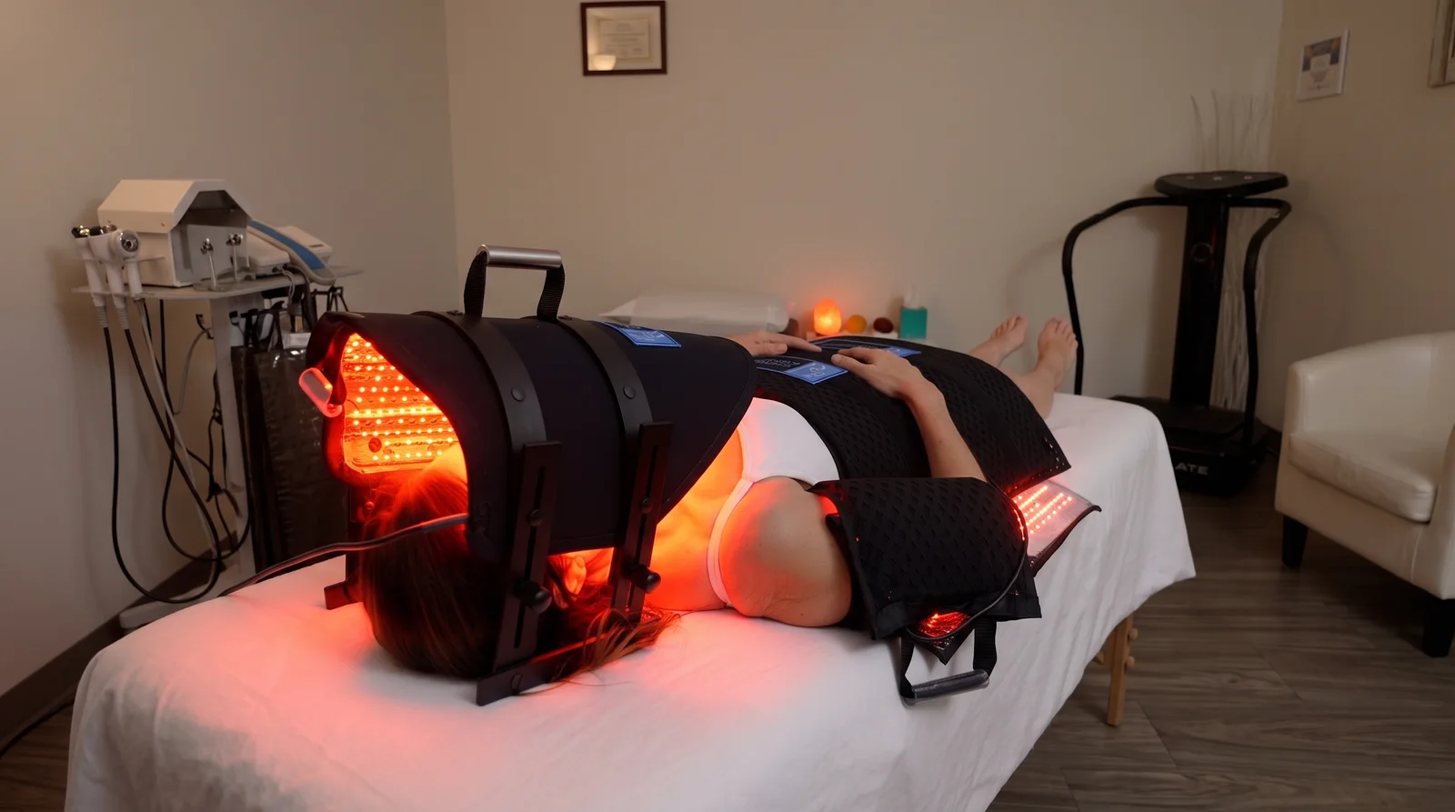 A client resting on a treatment table with Contour Light pads over her head, torso and legs, a vibration platform against the back wall