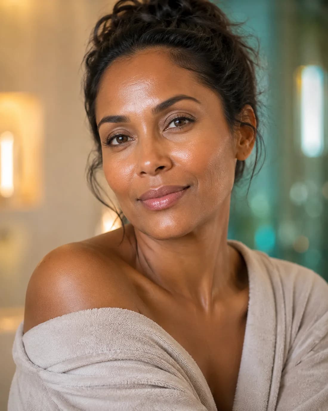 Woman with glowing, renewed skin relaxing in a spa robe